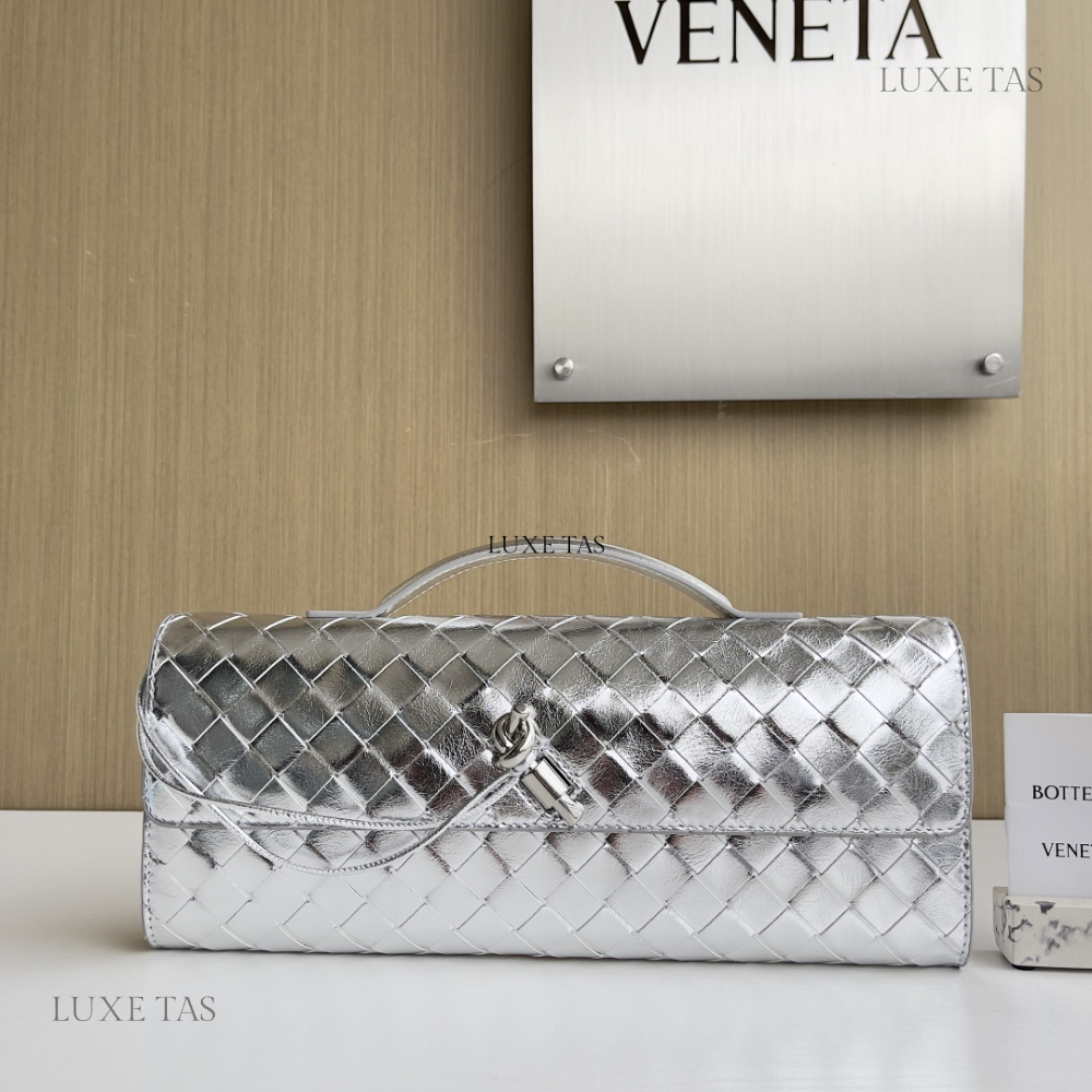 Andiamo Intrecciato Metallic Leather Long Clutch In Silver Designer Clutch for Women