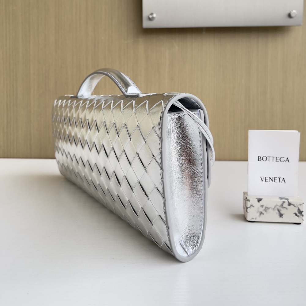 Andiamo Intrecciato Metallic Leather Long Clutch In Silver Designer Clutch for Women