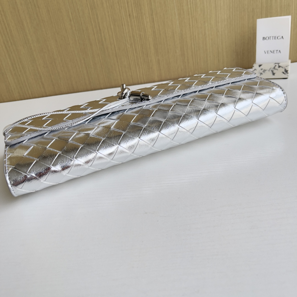 Andiamo Intrecciato Metallic Leather Long Clutch In Silver Designer Clutch for Women