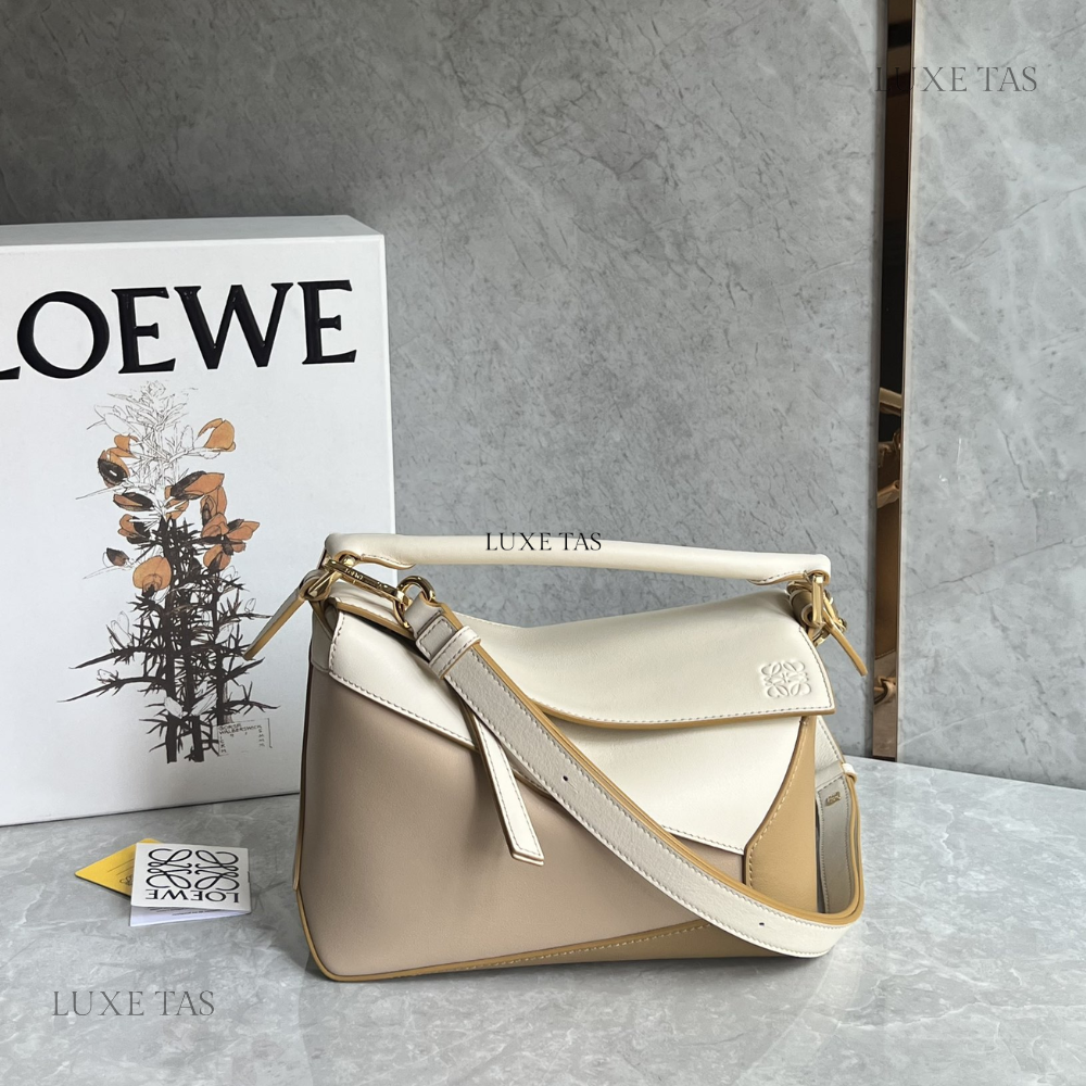 Angora Dusty Beige Small Puzzle Bag In Classic Calfskin - Leather Crossbody Bag for Women