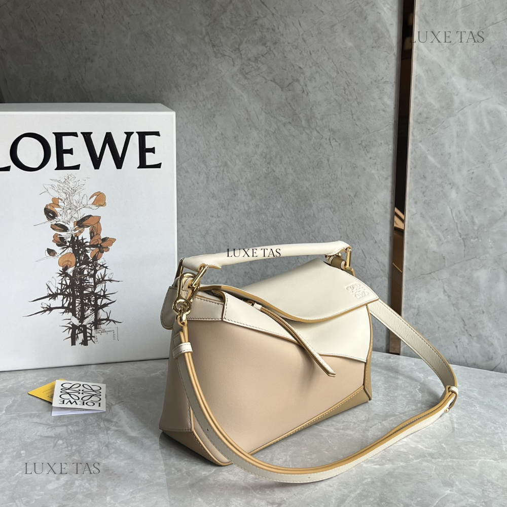 Angora Dusty Beige Small Puzzle Bag In Classic Calfskin - Leather Crossbody Bag for Women