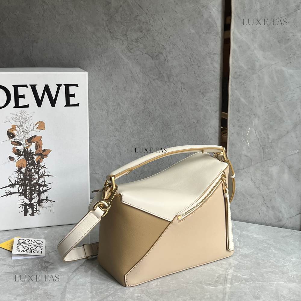Angora Dusty Beige Small Puzzle Bag In Classic Calfskin - Leather Crossbody Bag for Women