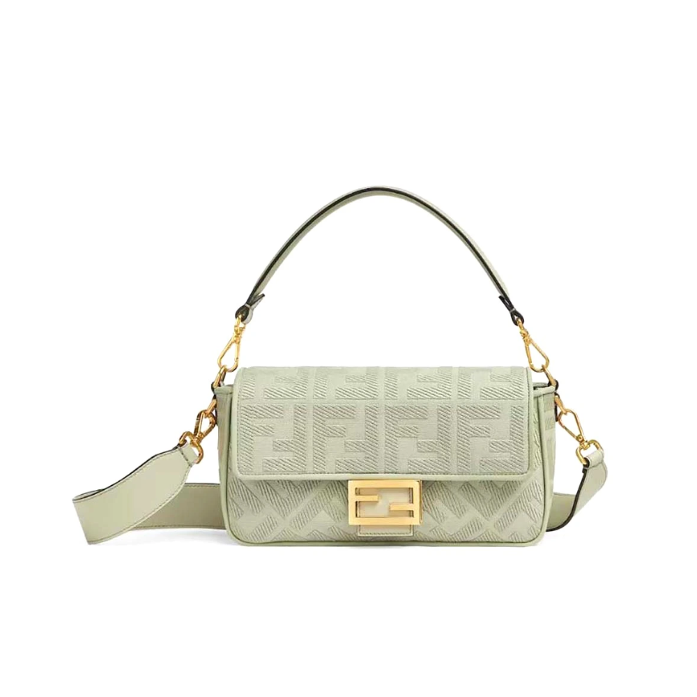 Baguette Canvas Bag With FF Embroidery Light Green Handbag for Women Luxe Tas