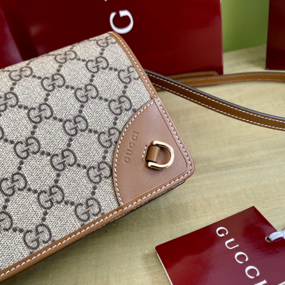 Beige And Dark Brown GG Emblem Wallet With Leather Strap Leather Wallet for Women