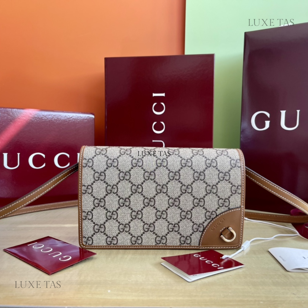 Beige And Dark Brown GG Emblem Wallet With Leather Strap Leather Wallet for Women