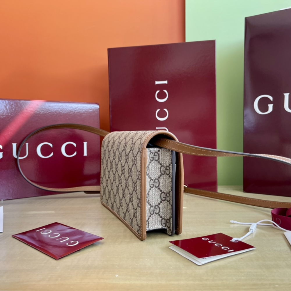 Beige And Dark Brown GG Emblem Wallet With Leather Strap Leather Wallet for Women