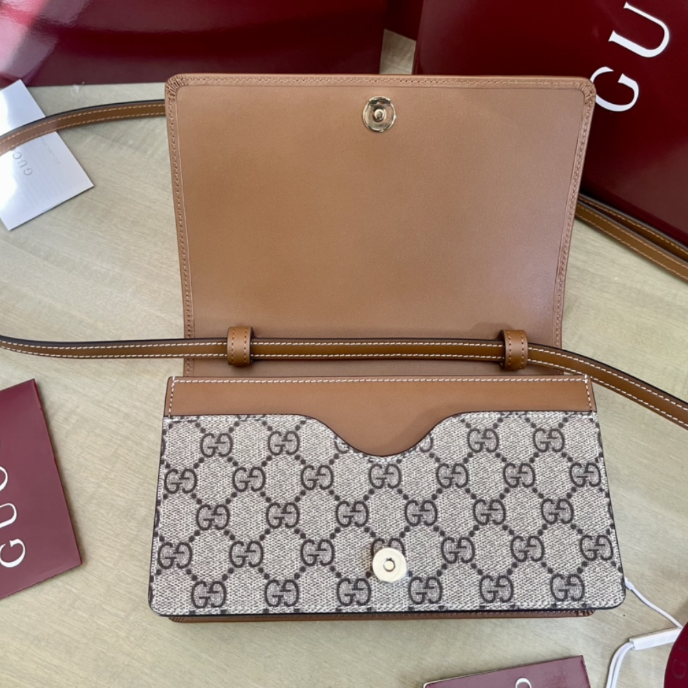 Beige And Dark Brown GG Emblem Wallet With Leather Strap Leather Wallet for Women