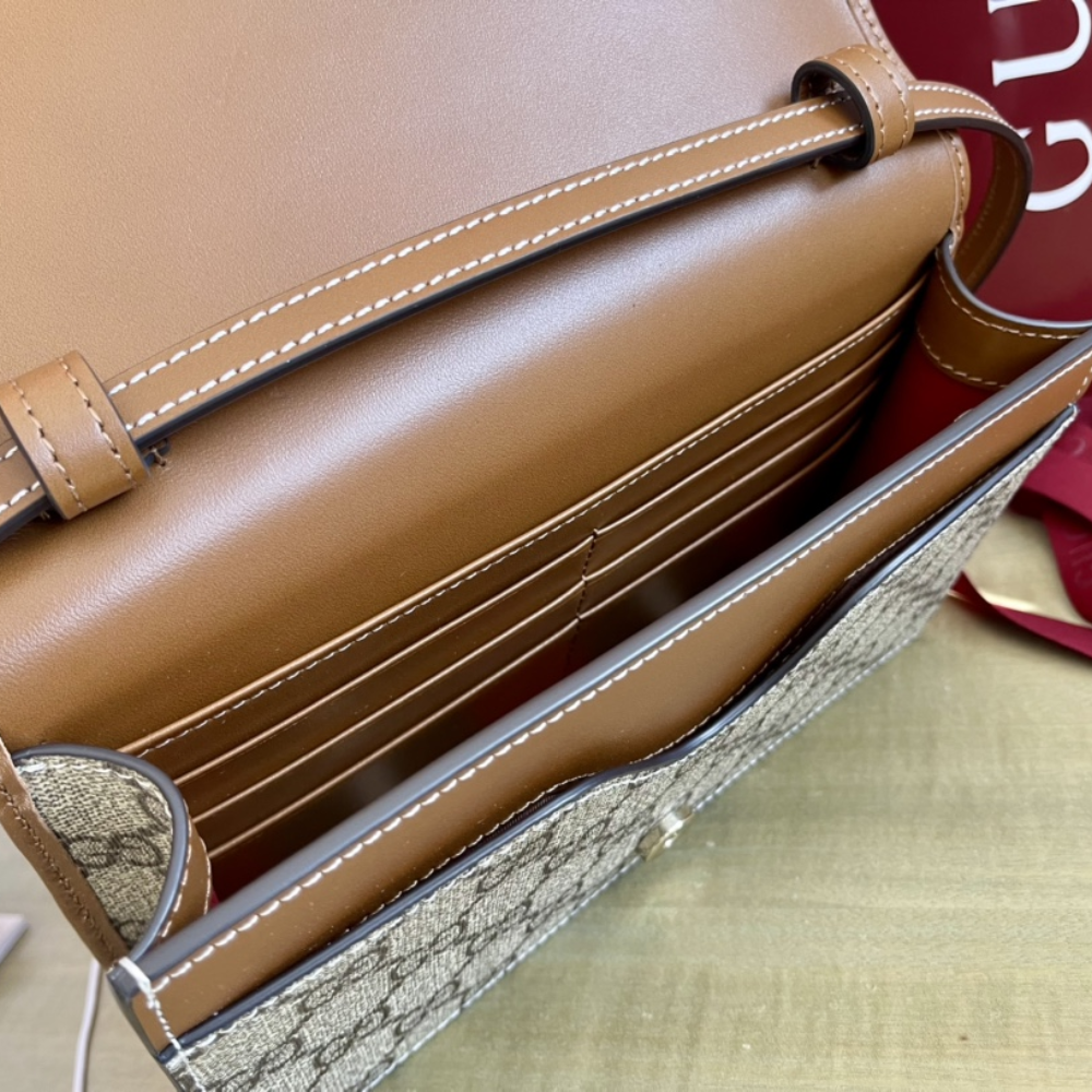 Beige And Dark Brown GG Emblem Wallet With Leather Strap Leather Wallet for Women
