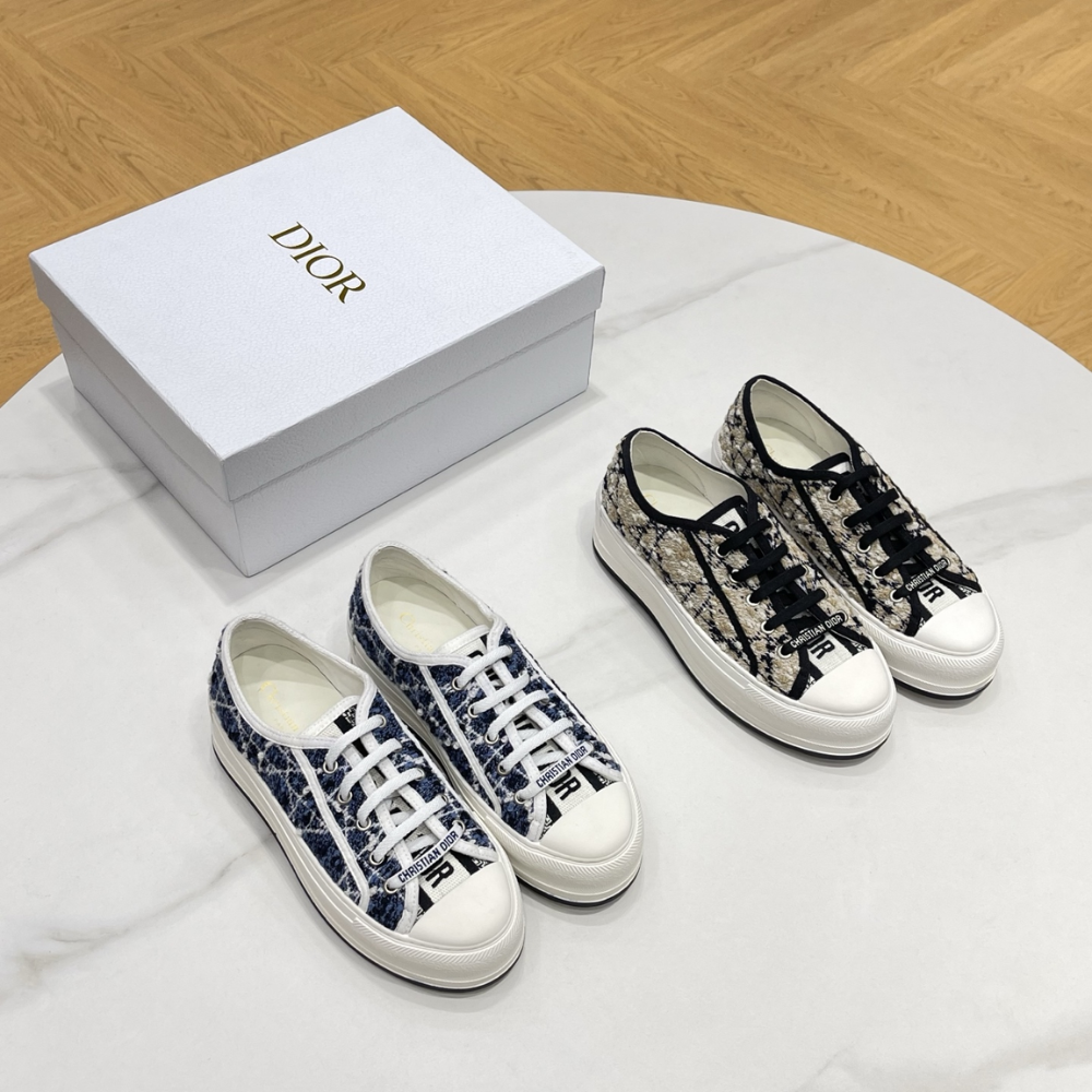 Beige and Black Cannage Tweed Walk'n'D Platform Sneaker Designer Sneakers for Women