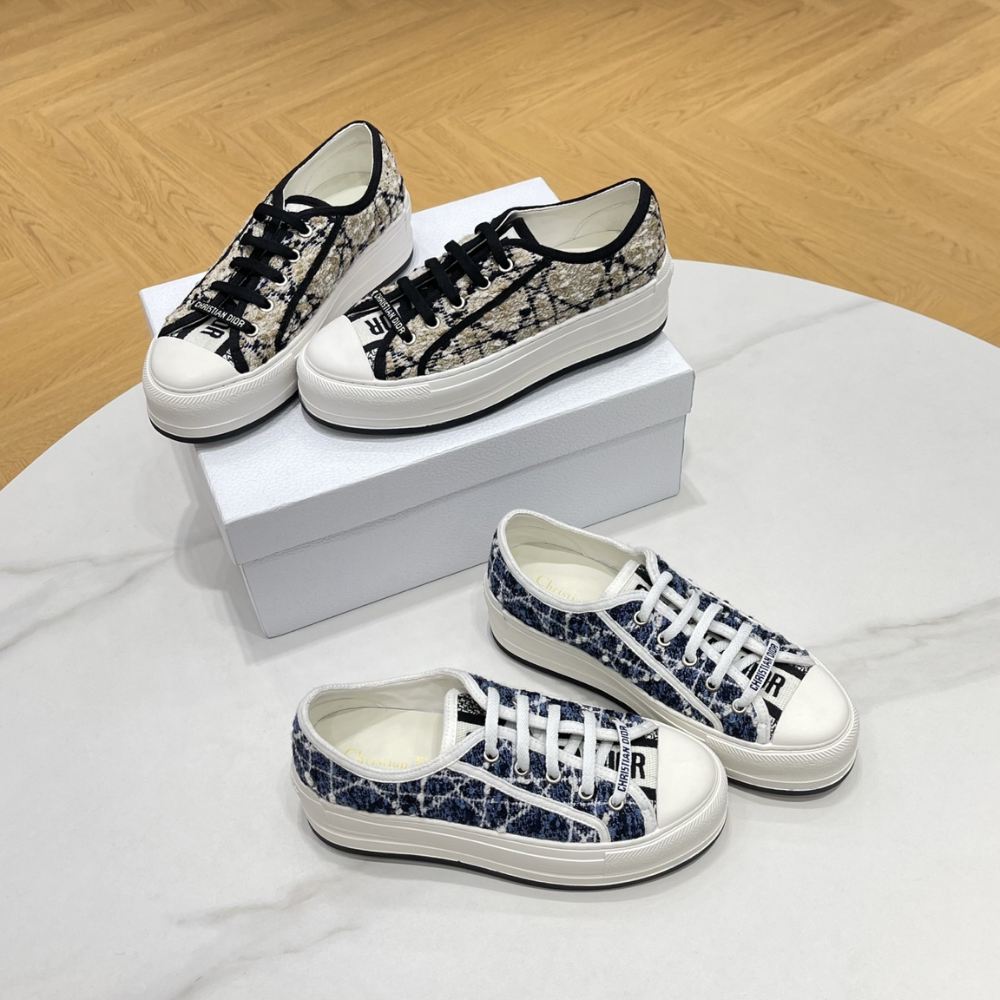 Beige and Black Cannage Tweed Walk'n'D Platform Sneaker Designer Sneakers for Women