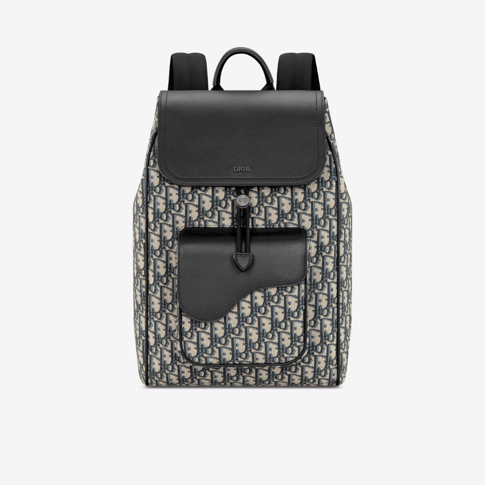 Beige and Black D Oblique Jacquard and Black Grained Calfskin Saddle Backpack - Leather Backpack for Men