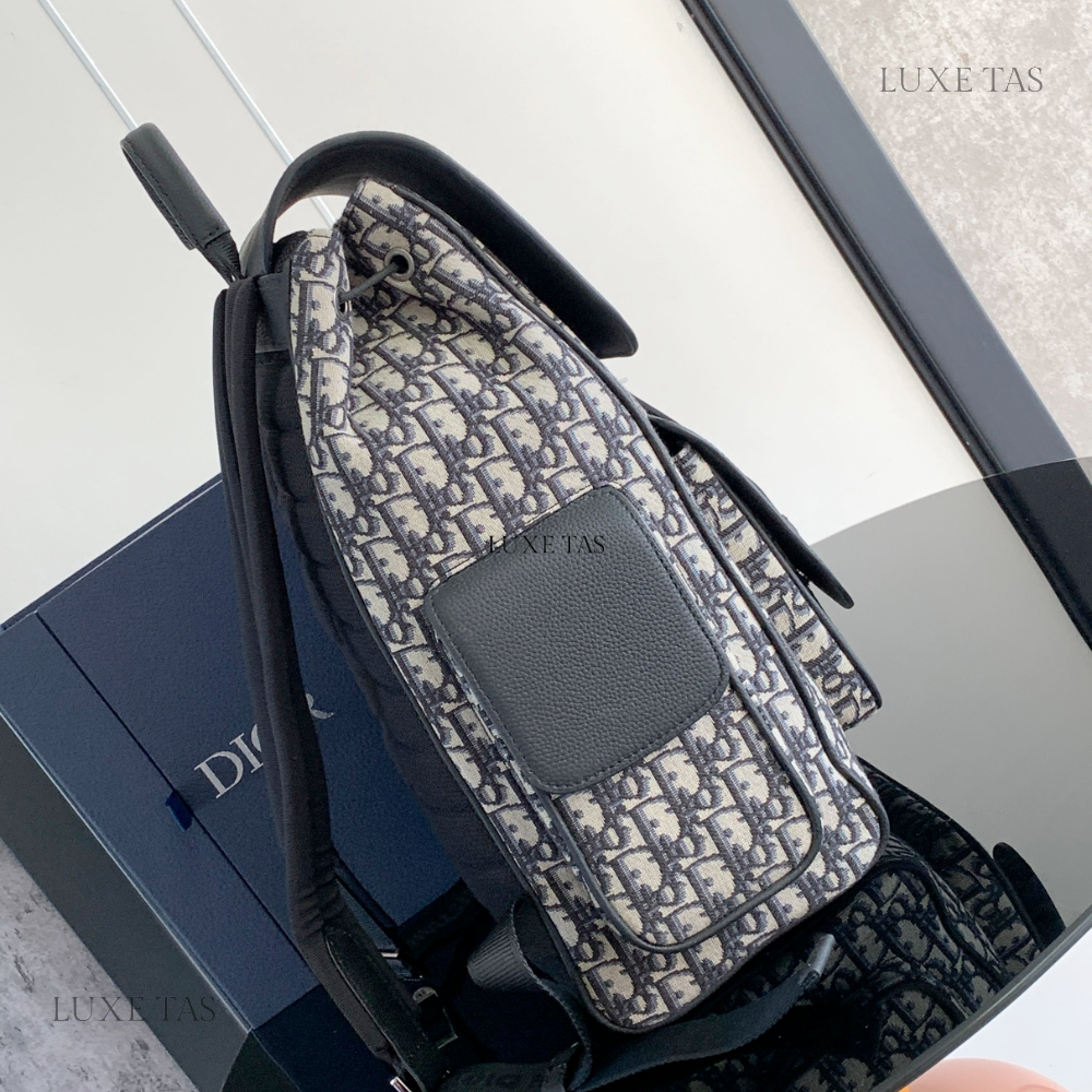 Beige and Black D Oblique Jacquard and Black Grained Calfskin Saddle Backpack - Leather Backpack for Men