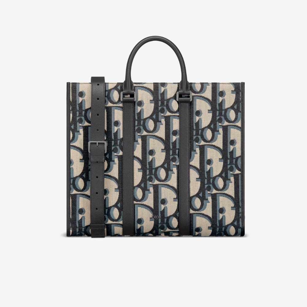 Beige and Black Maxi D Oblique Jacquard East-West Tote Bag - Leather Tote Bag for Men
