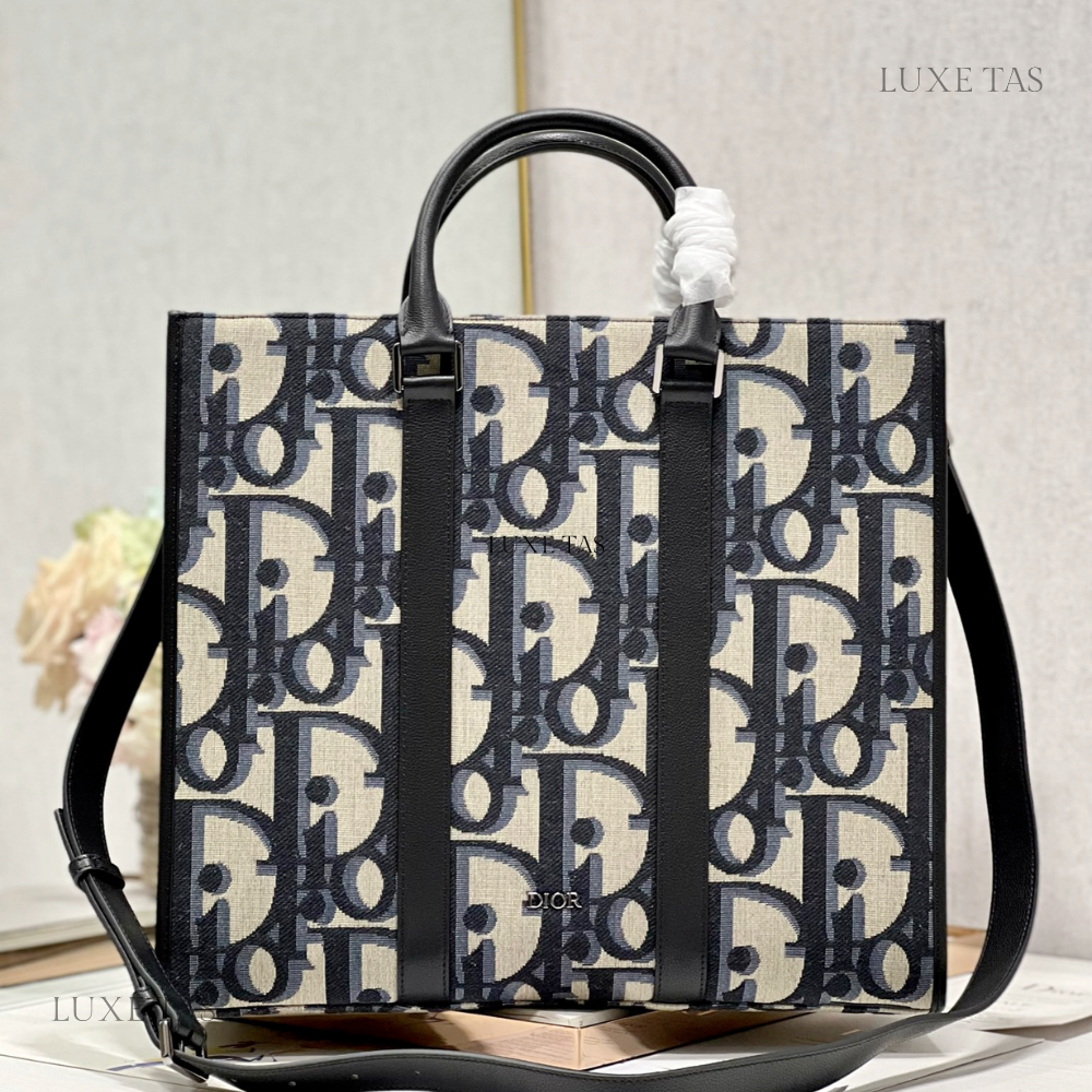 Beige and Black Maxi D Oblique Jacquard East-West Tote Bag - Leather Tote Bag for Men