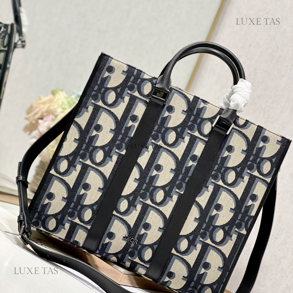Beige and Black Maxi D Oblique Jacquard East-West Tote Bag - Leather Tote Bag for Men