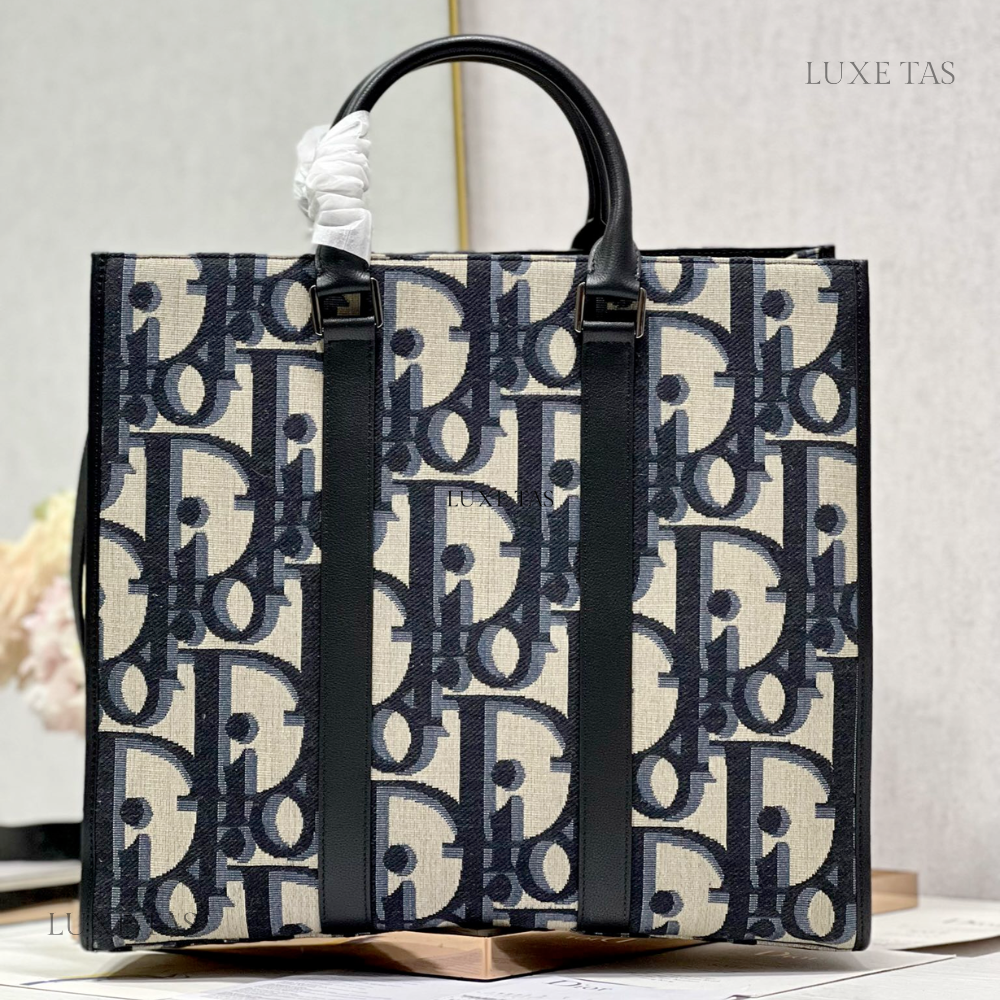 Beige and Black Maxi D Oblique Jacquard East-West Tote Bag - Leather Tote Bag for Men