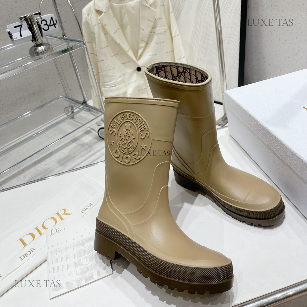 Beige and Brown Two-Tone Rubber DRunion Rain Boot - Designer Boots & Ankle Boots for Women