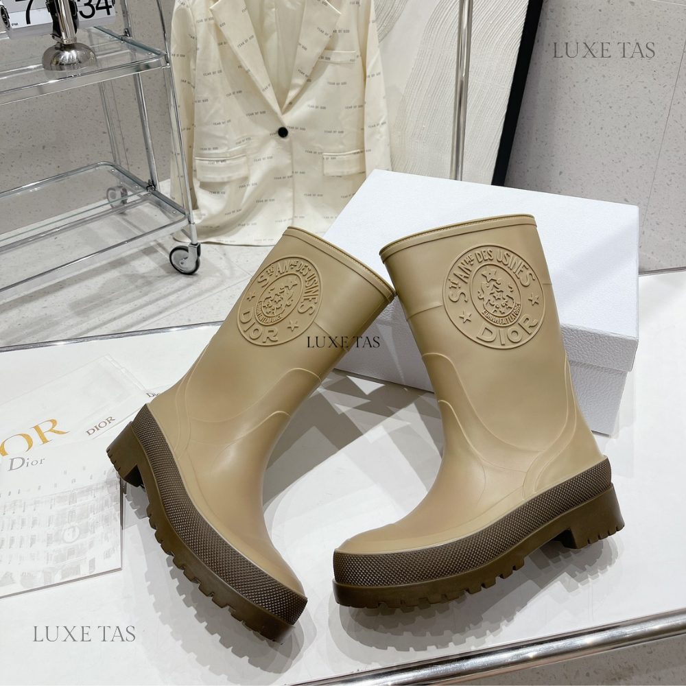 Beige and Brown Two-Tone Rubber DRunion Rain Boot - Designer Boots & Ankle Boots for Women