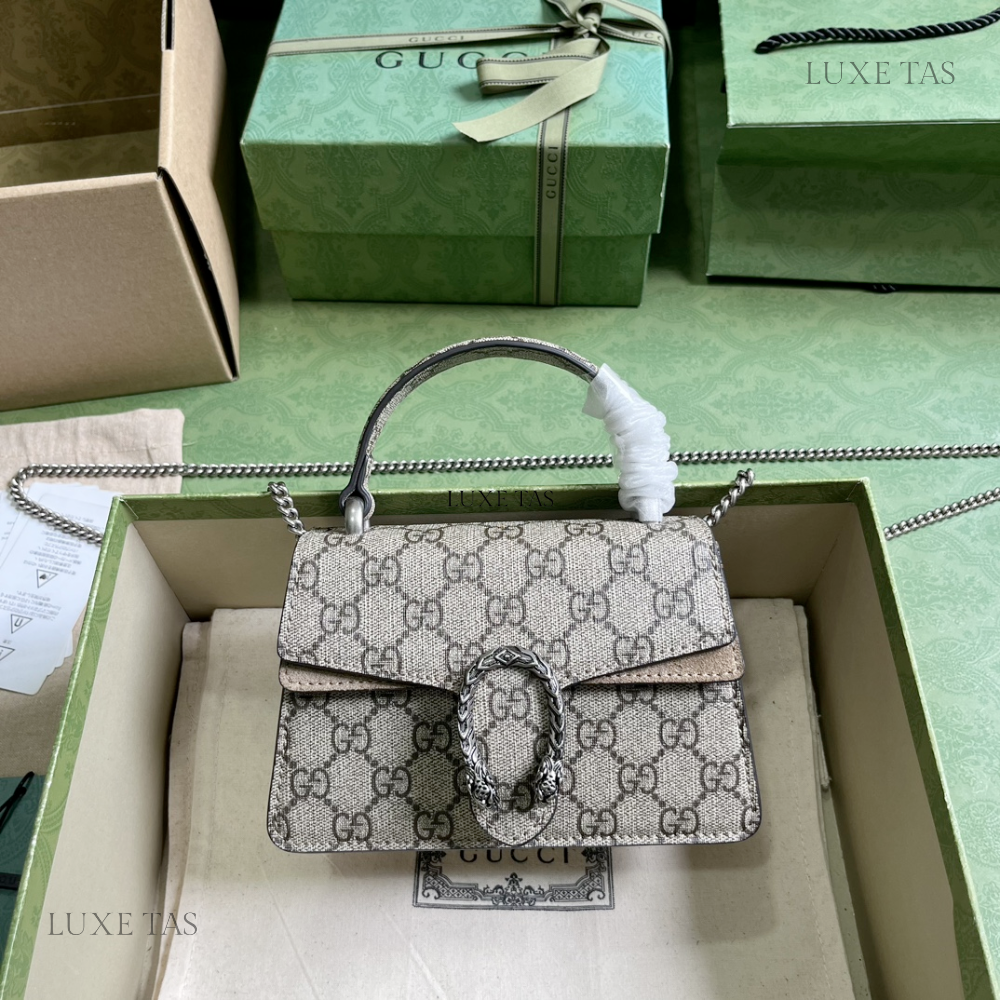 Beige and Ebony G*G Supr*me Canvas Dionysus Mini Top Handle Bag - Leather Handbag for Women