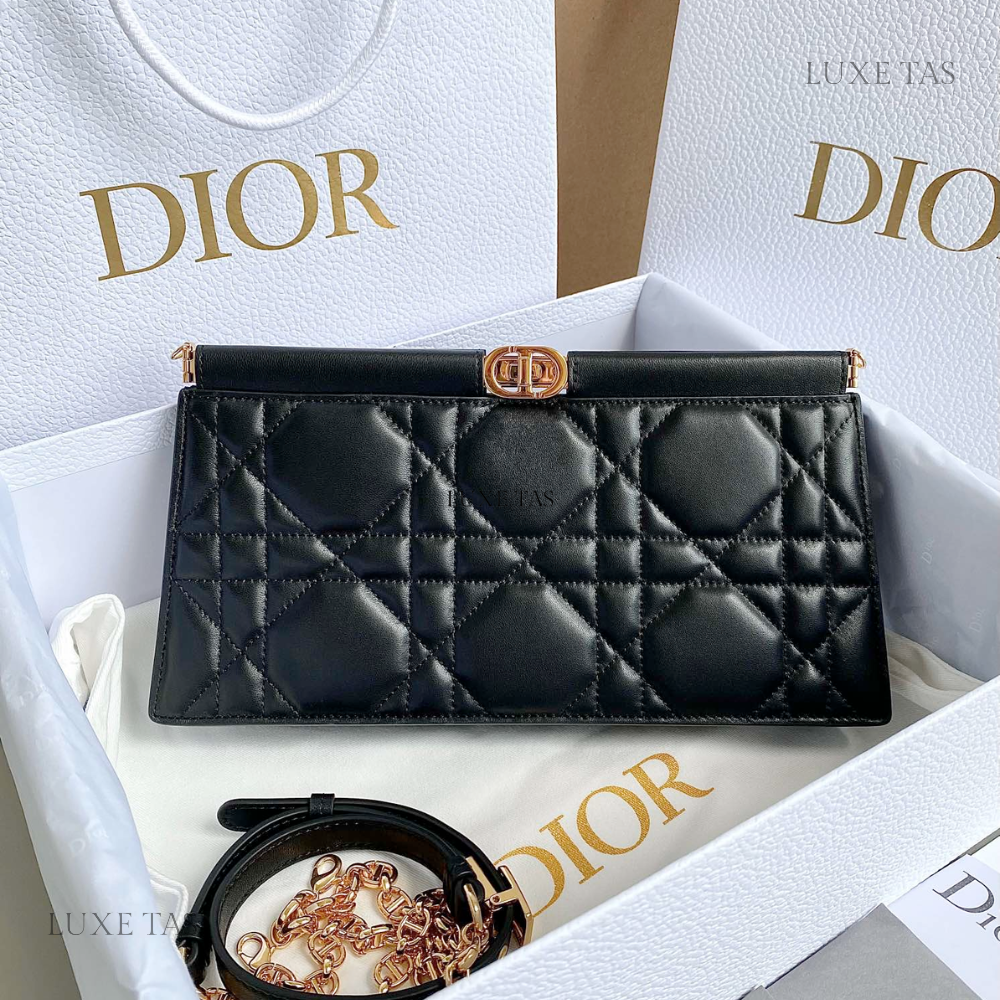 Black Cannage Lambskin D Caro Colle Noire Clutch with Chain - Leather Crossbody Bag for Women