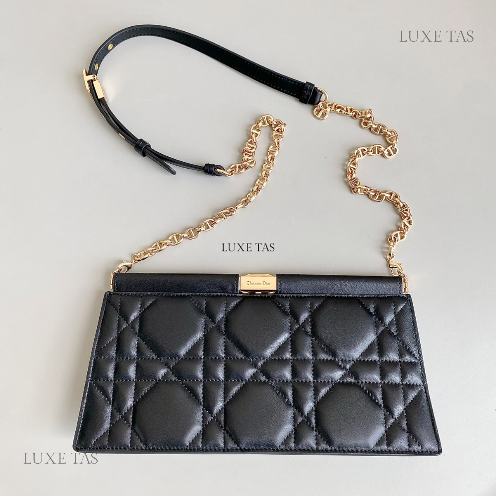 Black Cannage Lambskin D Caro Colle Noire Clutch with Chain - Leather Crossbody Bag for Women