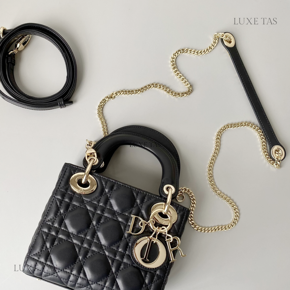 Black Cannage Lambskin Mini Lady D Bag