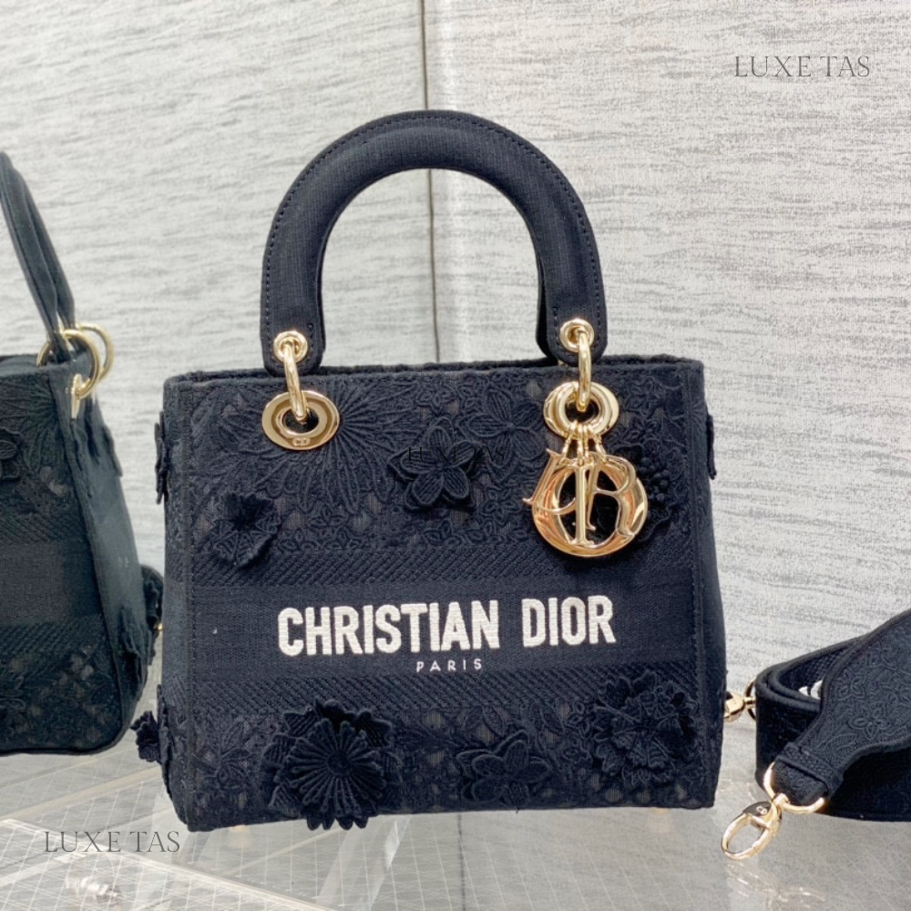 Black D-Lace Embroidery Medium Lady D-Lite Bag - Leather Handbag for Women