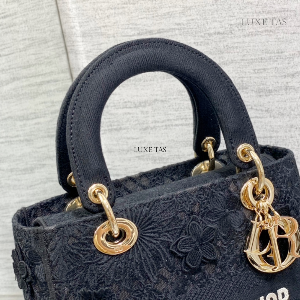 Black D-Lace Embroidery Medium Lady D-Lite Bag - Leather Handbag for Women