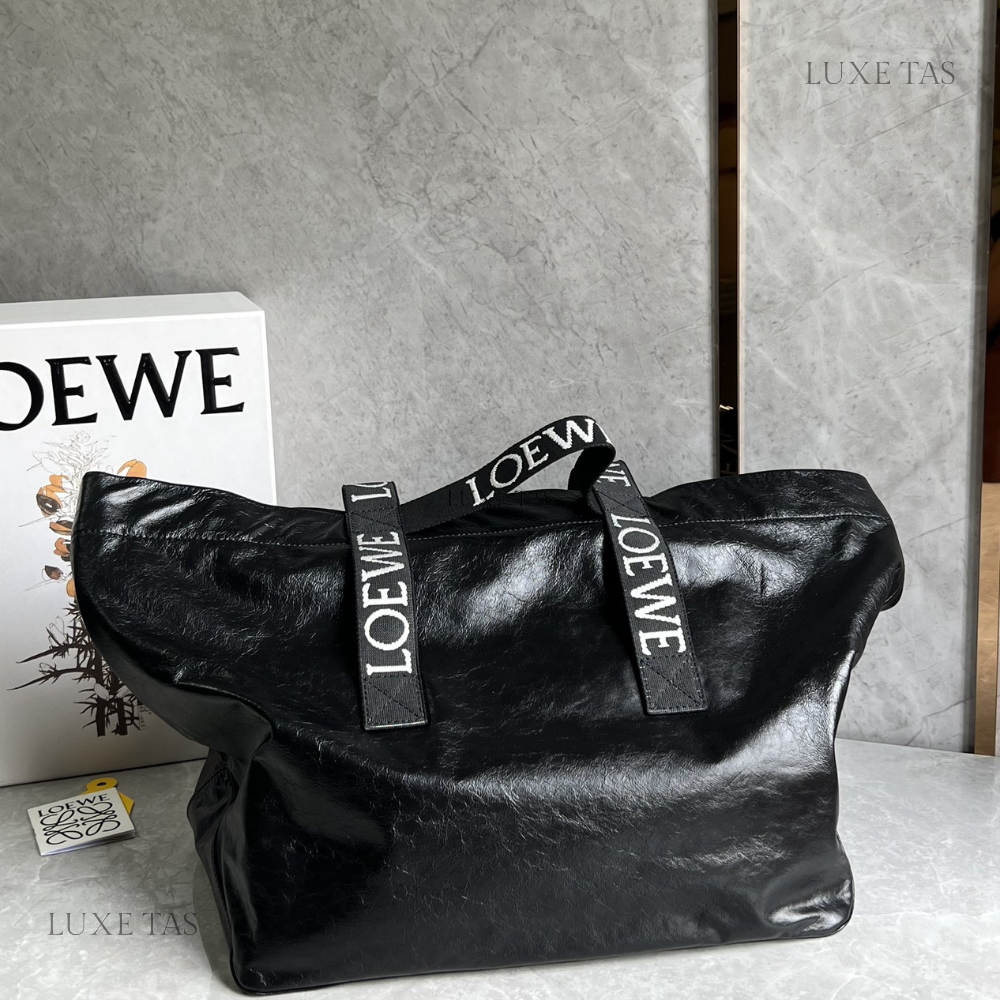 Black Fold Shopper In Paper Calfskin - Leather Tote Bag for Women