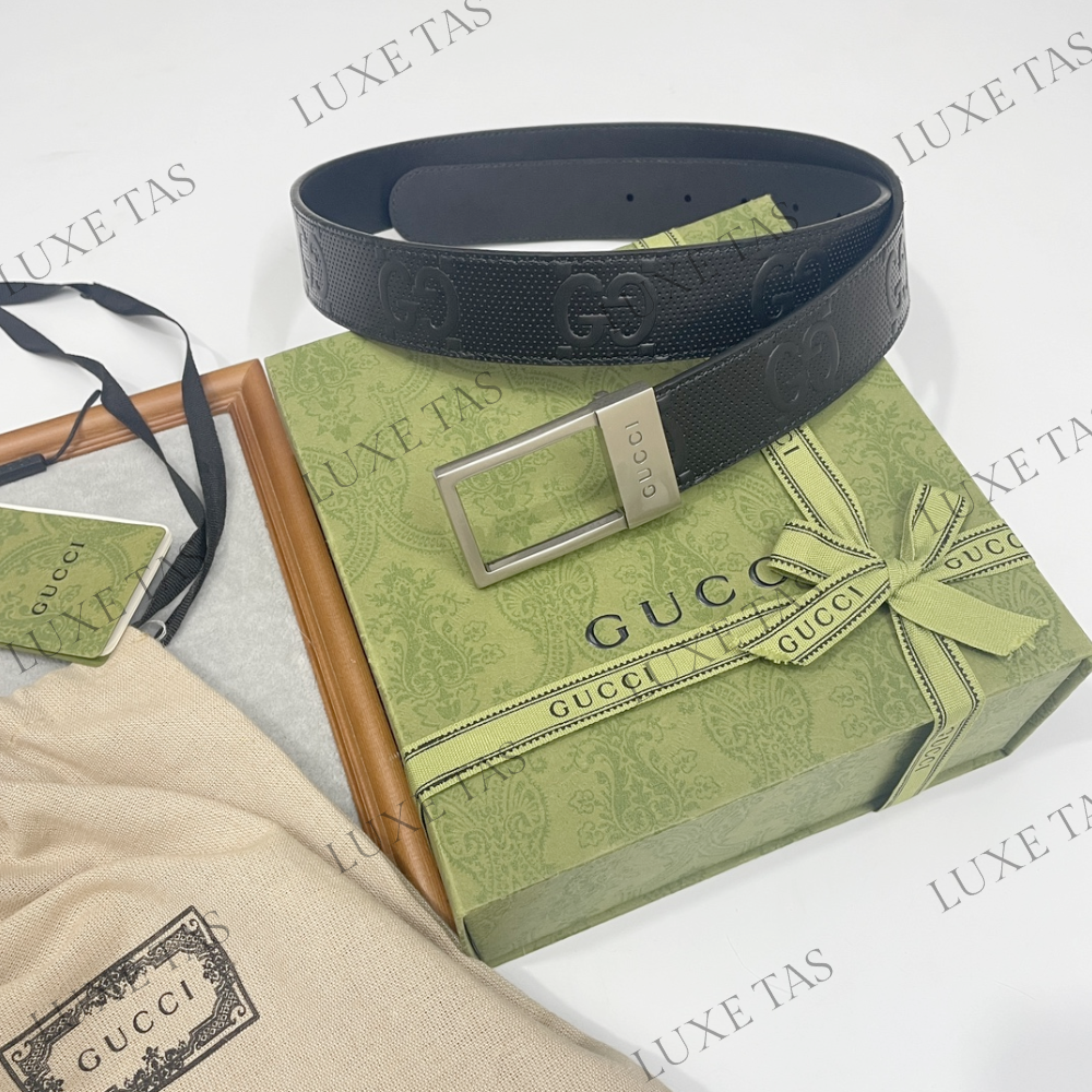 Black GG Belt With Rectangular Buckle