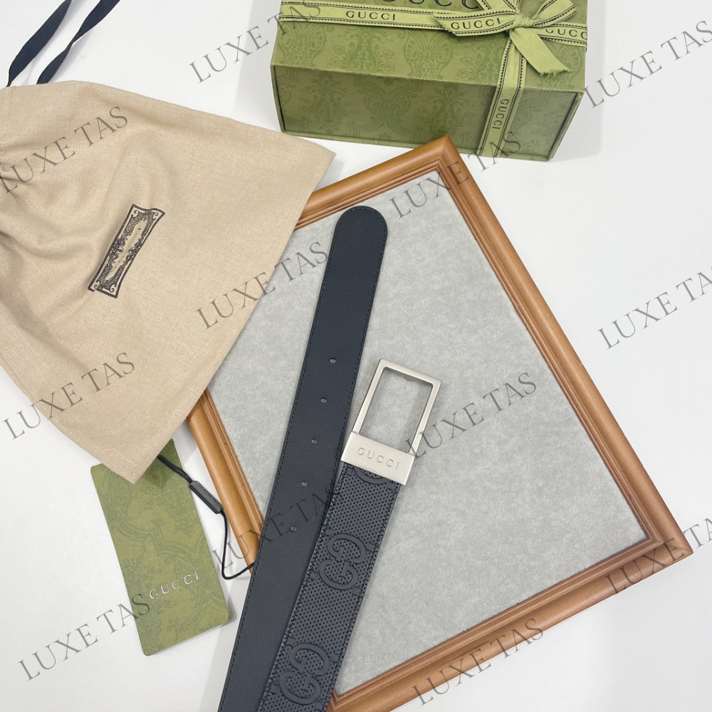 Black GG Belt With Rectangular Buckle