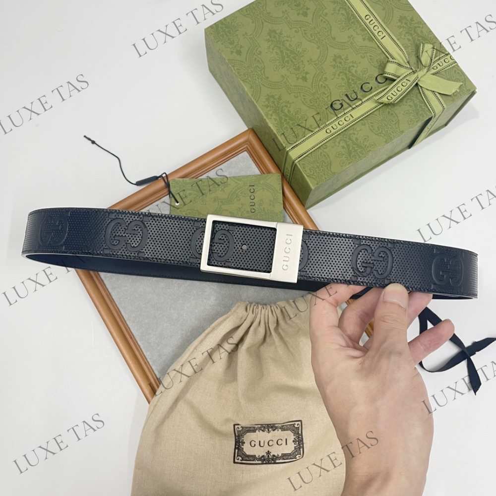 Black GG Belt With Rectangular Buckle