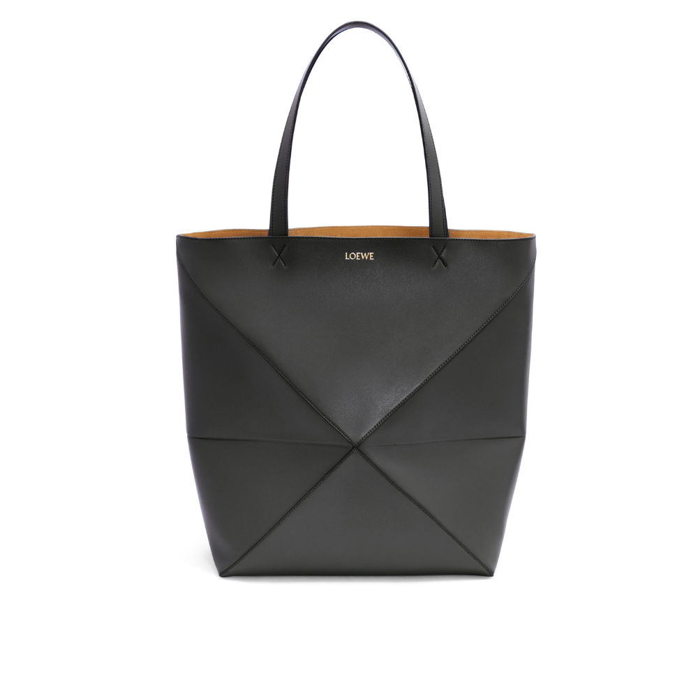 Black Large Puzzle Fold Tote In Shiny Calfskin - Leather Tote Bag for Women