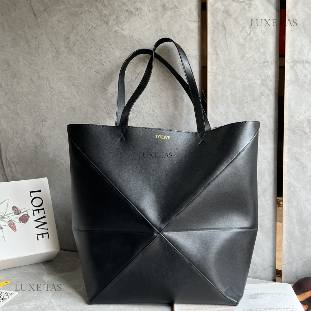 Black Large Puzzle Fold Tote In Shiny Calfskin - Leather Tote Bag for Women
