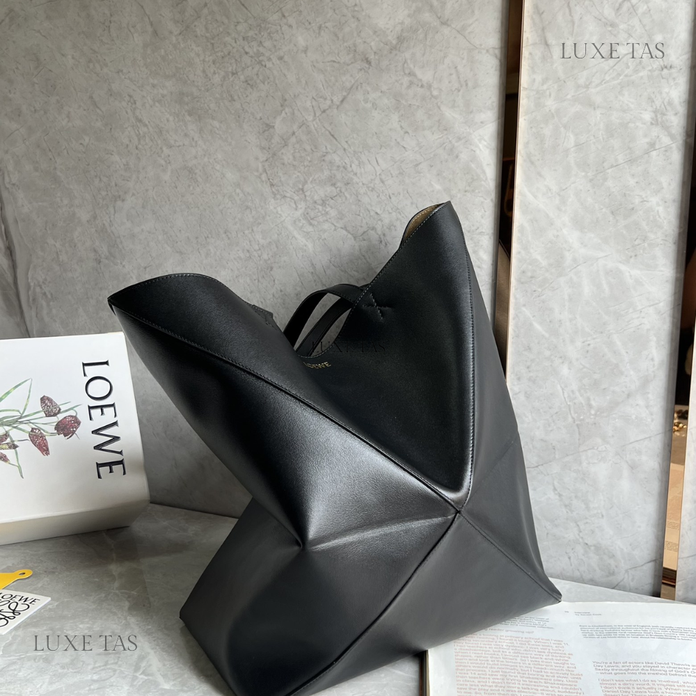 Black Large Puzzle Fold Tote In Shiny Calfskin - Leather Tote Bag for Women