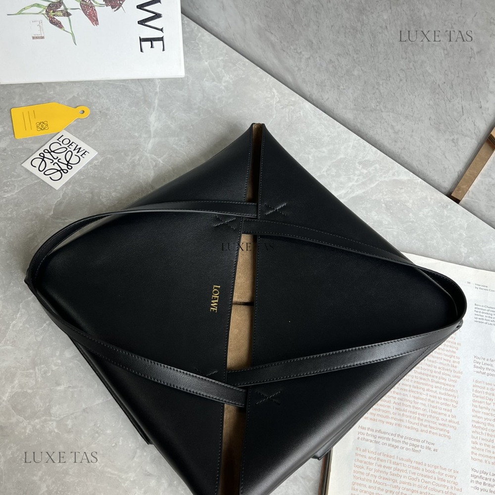 Black Large Puzzle Fold Tote In Shiny Calfskin - Leather Tote Bag for Women