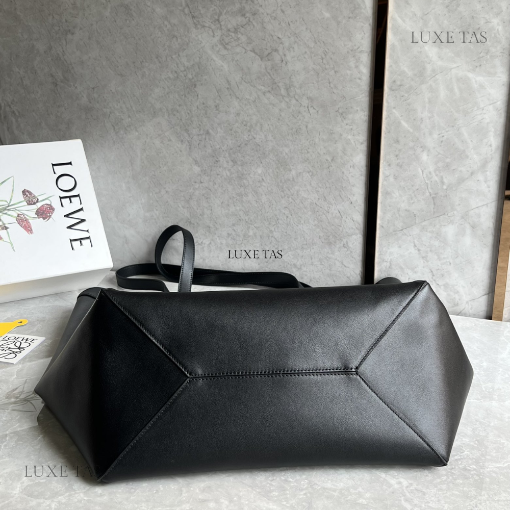 Black Large Puzzle Fold Tote In Shiny Calfskin - Leather Tote Bag for Women