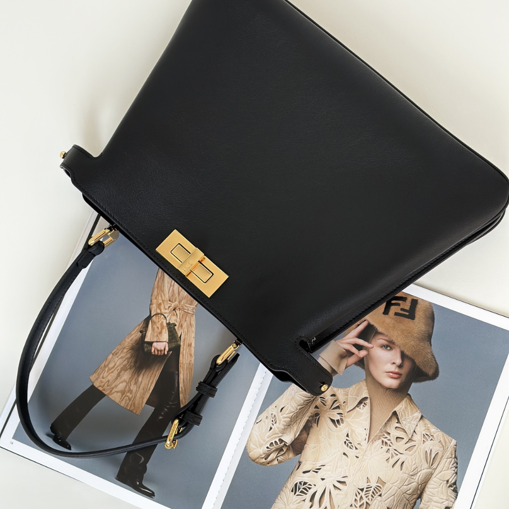 Black Peekaboo Soft Medium Leather Tote Bag for Women