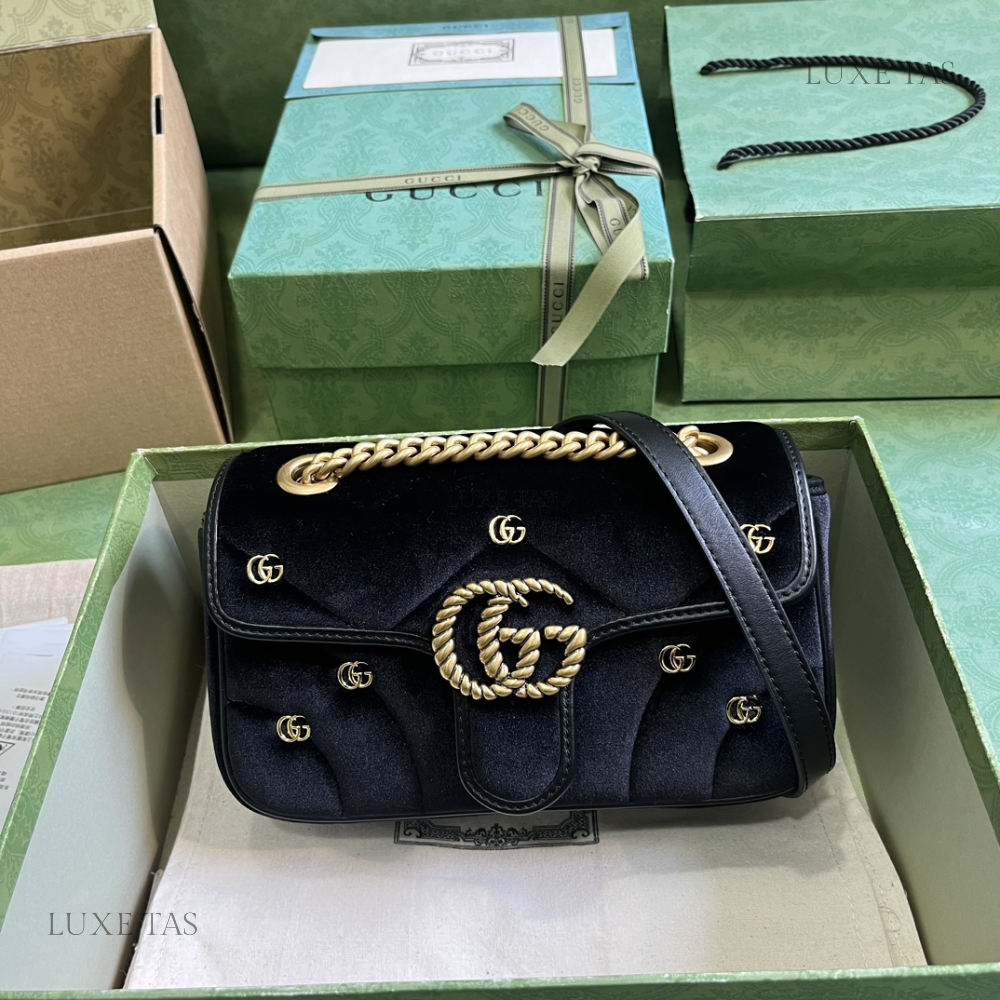 Black Quilted Chevron Velvet GG Marmont Mini Shoulder Bag - Leather Shoulder Bag for Women