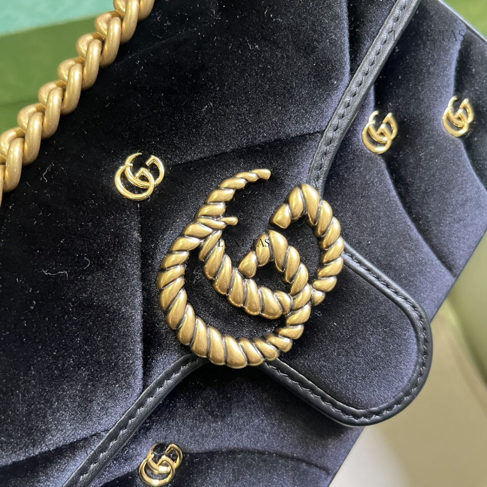 Black Quilted Chevron Velvet GG Marmont Mini Shoulder Bag - Leather Shoulder Bag for Women