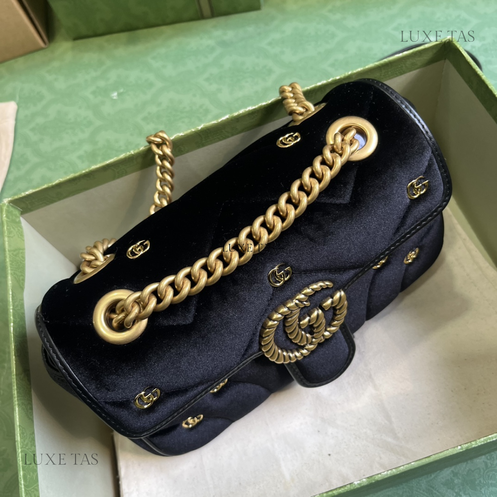 Black Quilted Chevron Velvet GG Marmont Mini Shoulder Bag - Leather Shoulder Bag for Women