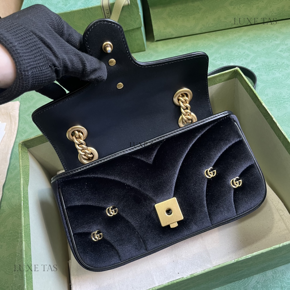 Black Quilted Chevron Velvet GG Marmont Mini Shoulder Bag - Leather Shoulder Bag for Women