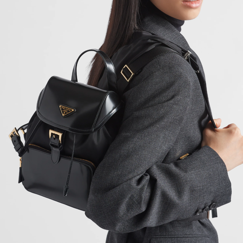 Black Re-Nylon and Brushed Leather Medium Leather Backpack for Women