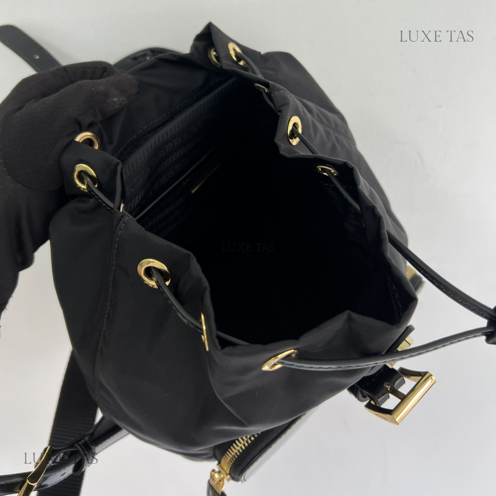 Black Re-Nylon and Brushed Leather Medium Leather Backpack for Women