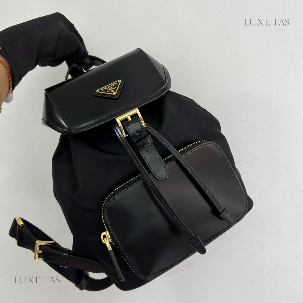 Black Re-Nylon and Brushed Leather Medium Leather Backpack for Women