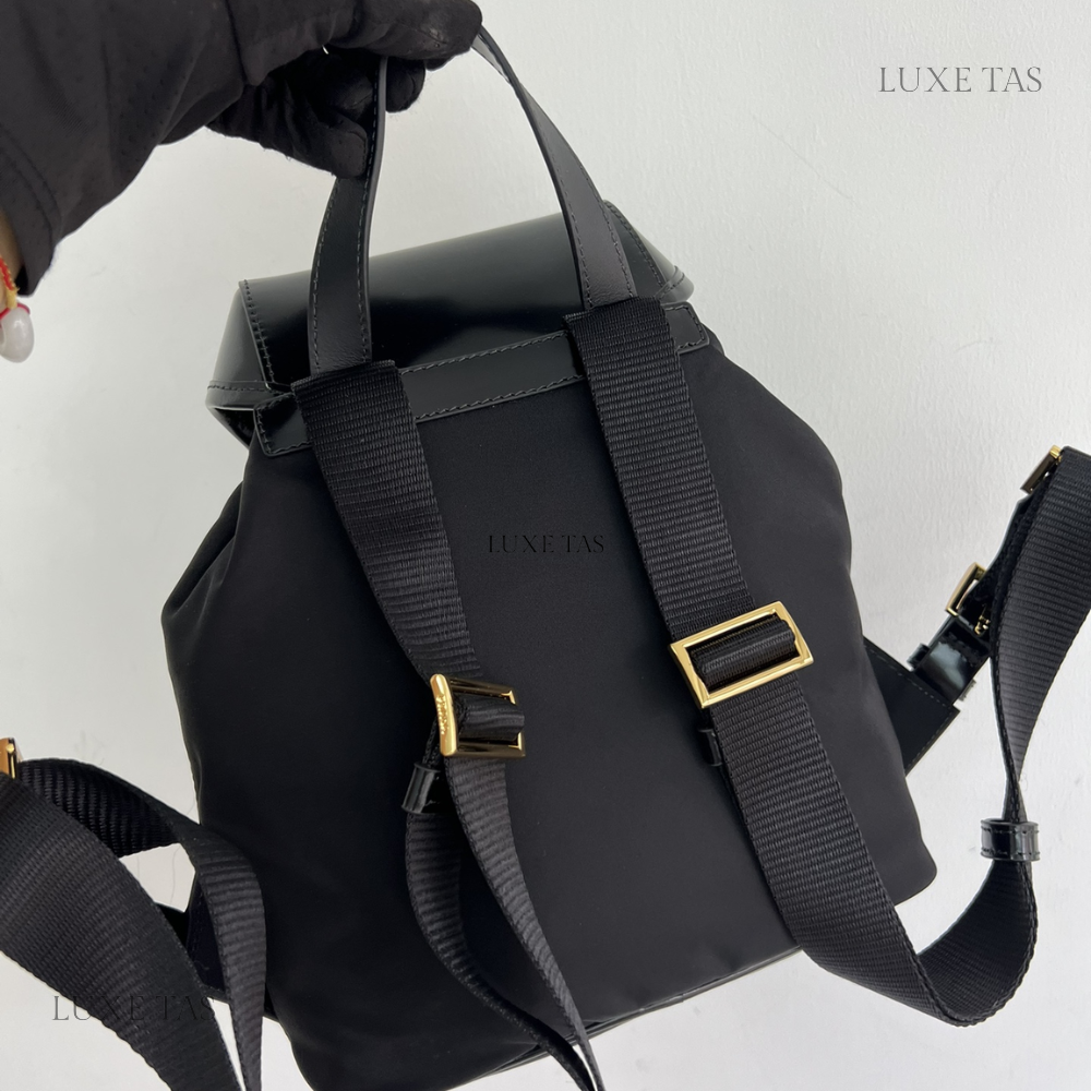 Black Re-Nylon and Brushed Leather Medium Leather Backpack for Women