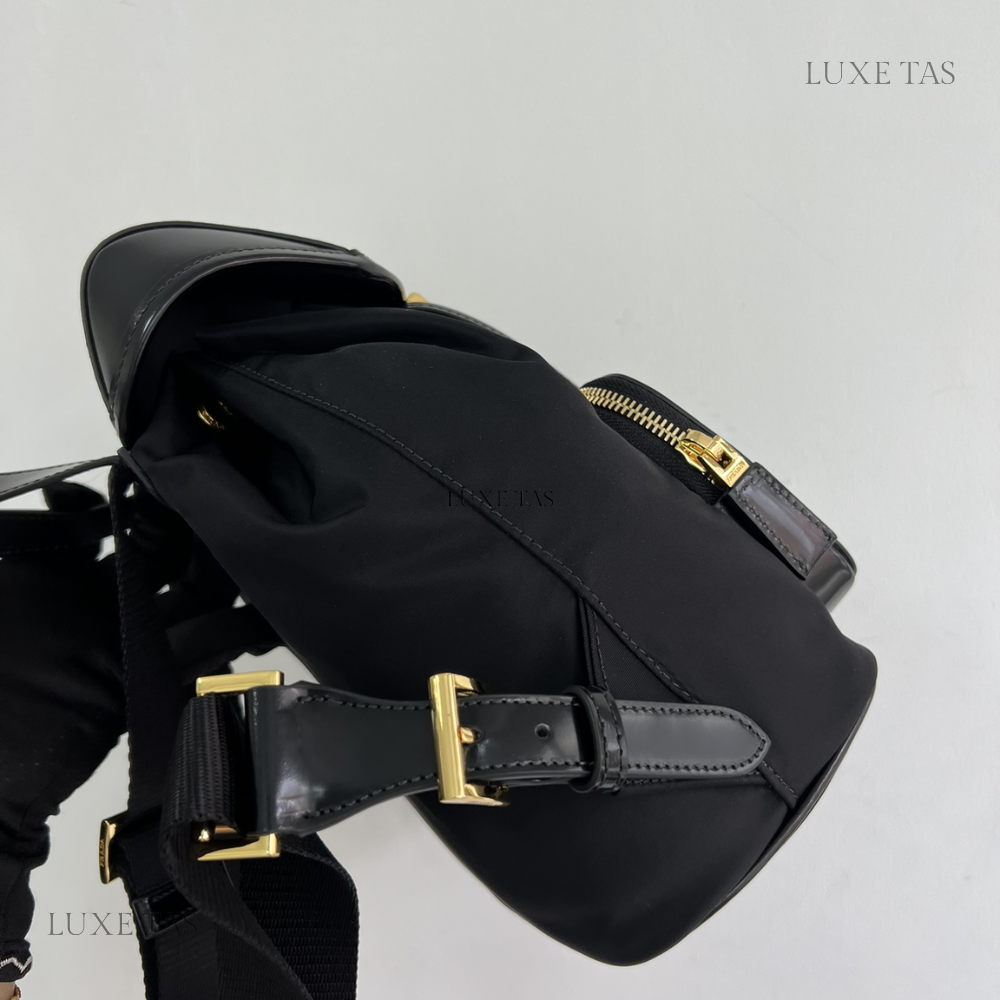 Black Re-Nylon and Brushed Leather Medium Leather Backpack for Women