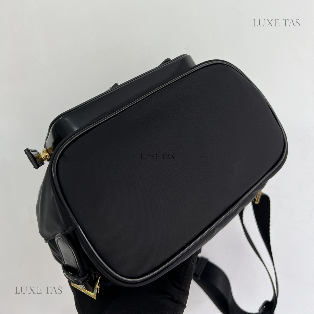 Black Re-Nylon and Brushed Leather Medium Leather Backpack for Women