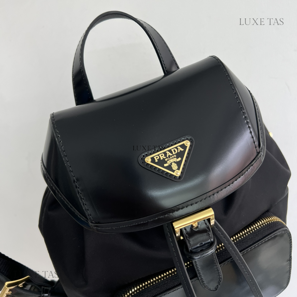 Black Re-Nylon and Brushed Leather Medium Leather Backpack for Women