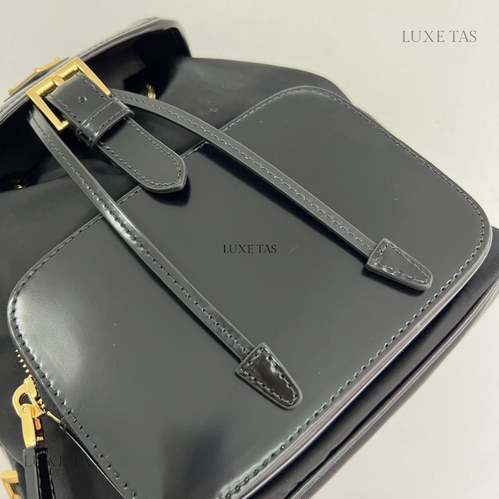 Black Re-Nylon and Brushed Leather Medium Leather Backpack for Women